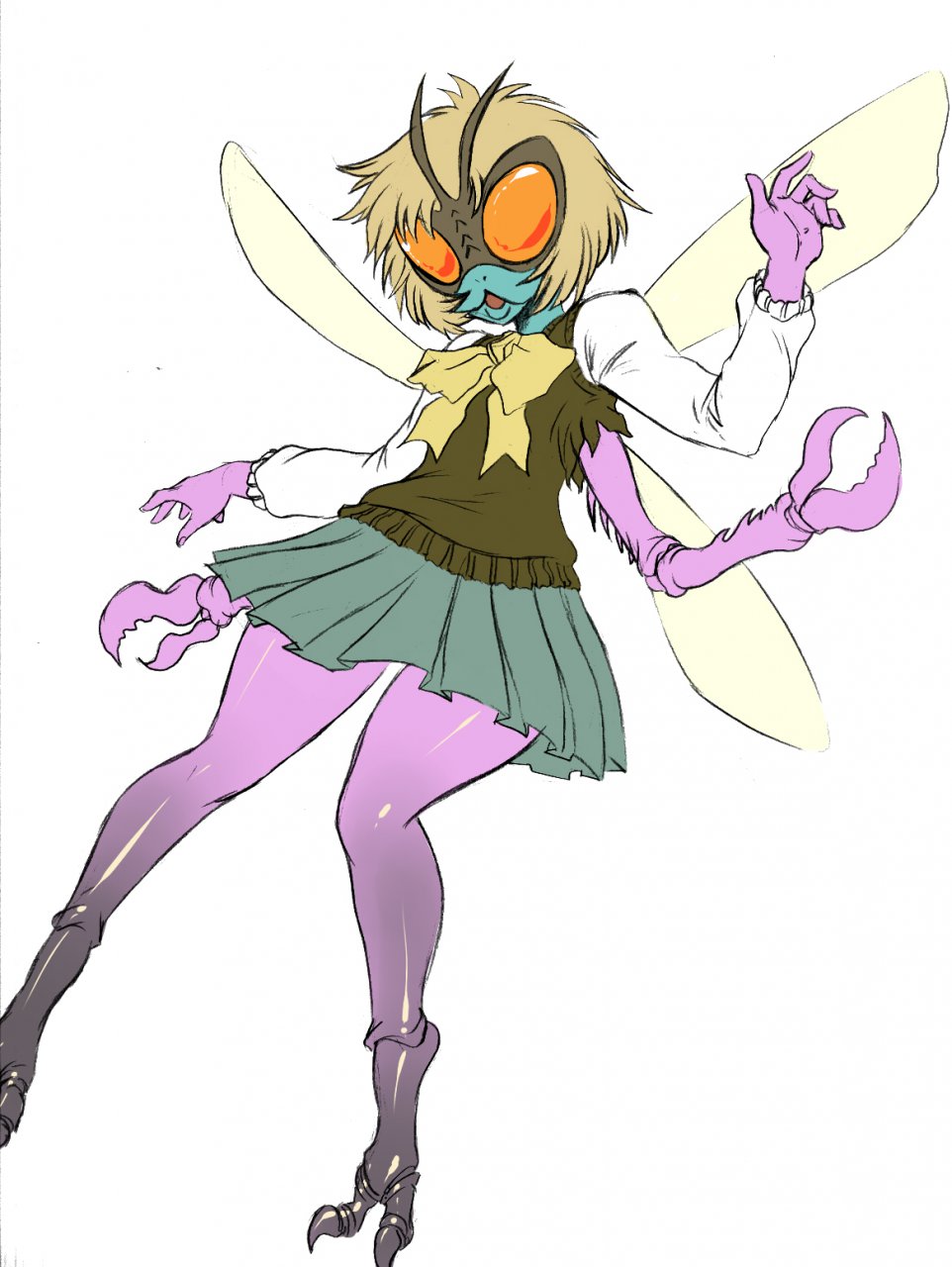 arthropod baxter_stockman bow chochi claws clothing crossgender dress female fly insect multi_limb multiple_arms mutant orange_eyes plain_background skirt solo teenage_mutant_ninja_turtles torn_clothing white_background wide_hips wings