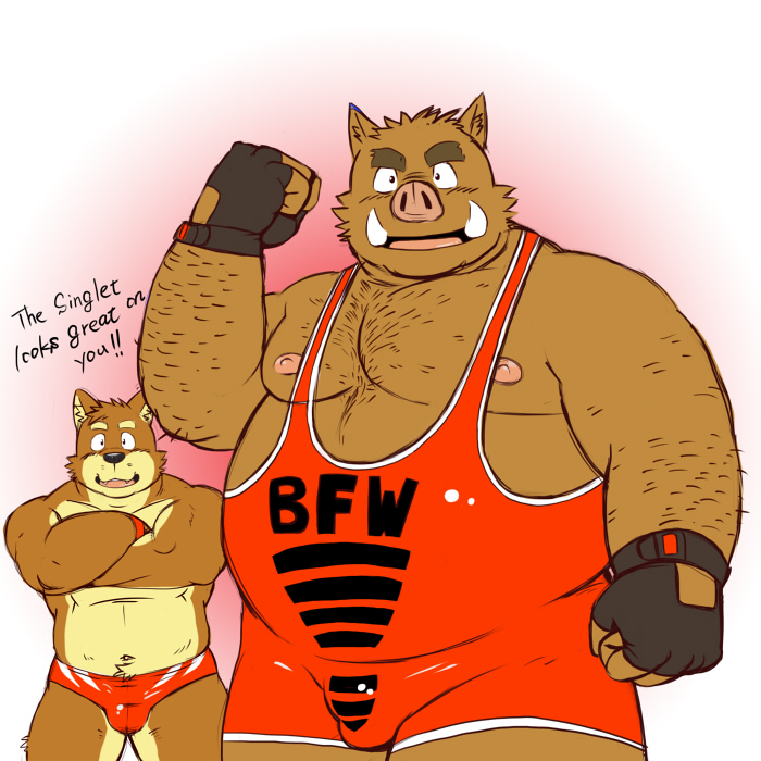 anthro biceps big_muscles boar bulge canine chubby crossed_arms dialog dog duo english_text fingerless_gloves gloves looking_at_viewer male mammal muscles nipples overweight pecs porcine pubes shiba-kenta speedo swimsuit text wrestler wrestling_singlet