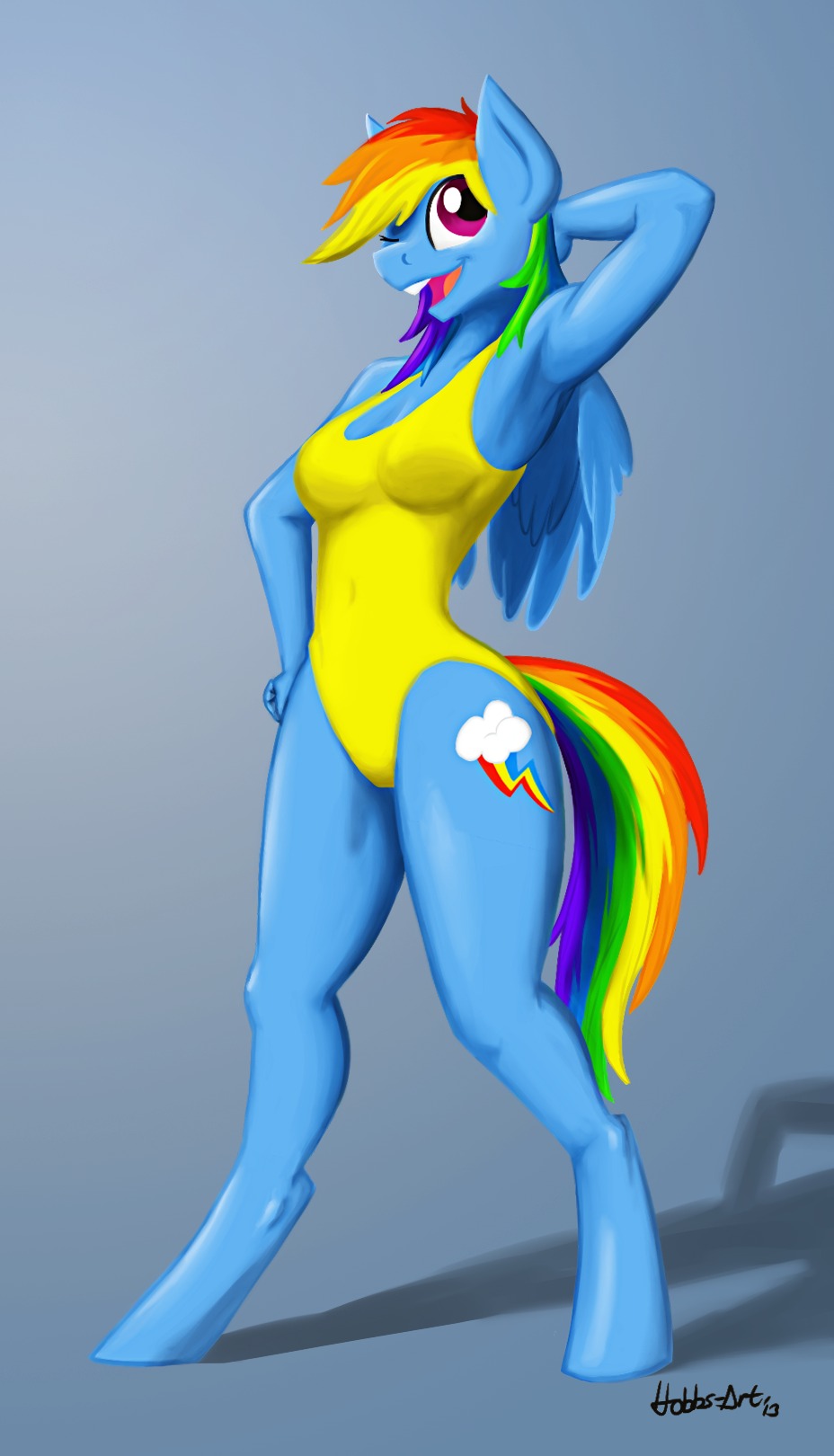 anthro anthrofied arm_behind_head barefoot big_eyes blue_fur breasts cutie_mark equine female friendship_is_magic fur grey_background hair hand_behind_head hand_on_hip hobbsmeerkat horse mammal multi-colored_hair my_little_pony one-piece_swimsuit one_eye_closed open_mouth pegasus plain_background playful pony pose purple_eyes rainbow_dash_(mlp) rainbow_hair solo standing swimsuit wings wink