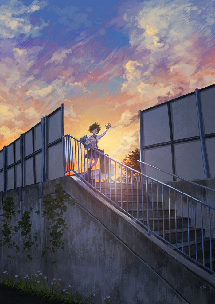 bag brown_hair closed_eyes cloud cloudy_sky grass original outstretched_arm road ryouga_(fm59) school_bag school_uniform short_hair sky smile solo stairs sunset