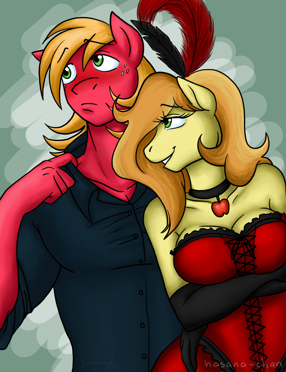 anthro anthrofied big_macintosh_(mlp) blonde_hair blush braeburn_(mlp) breasts cleavage clothed clothing corset couple cousins crossgender duo elbow_gloves equine feathers female flirting freckles friendship_is_magic gloves green_eyes hair hasana-chan horse male mammal my_little_pony pony shirt