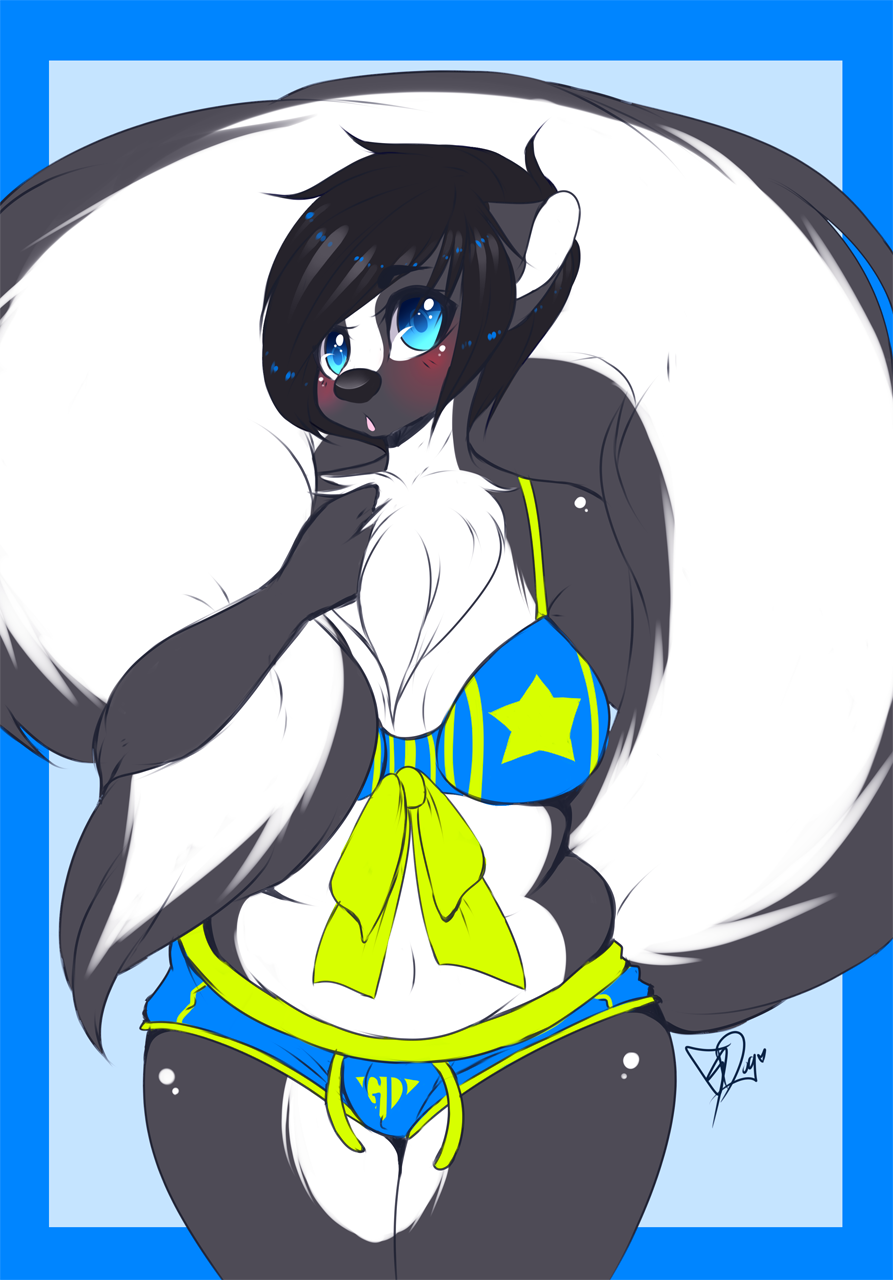 black_nose blue_eyes chest_tuft chubby female fur geekidog hair mammal skunk solo tuft wide_hips