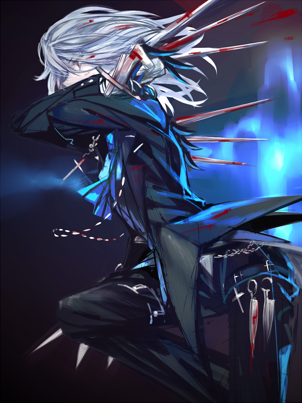 alternate_costume blood blue_eyes chain geppewi gloves izayoi_sakuya jewelry jumping knife necklace short_hair silver_hair solo touhou