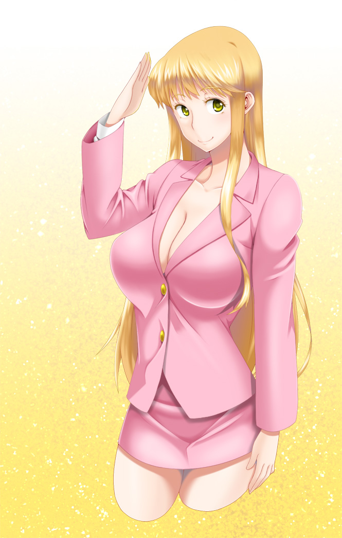 1girl akimoto_katherine_reiko blonde_hair breasts cleavage clothed green_eyes highres kochikame large_breasts long_hair looking_at_viewer miniskirt police police_uniform policewoman salute simple_background skirt smile solo uniform very_long_hair