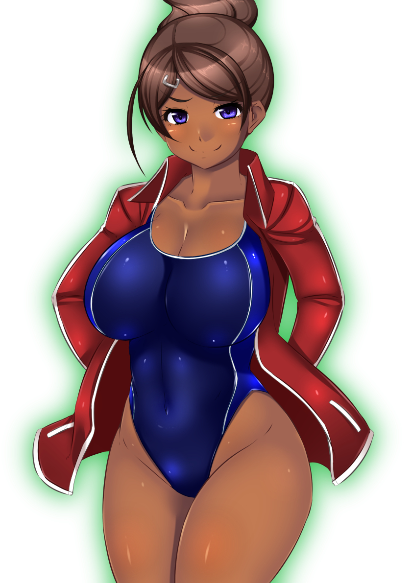 asahina_aoi breasts brown_hair competition_swimsuit covered_navel curvy danganronpa danganronpa_1 dark_skin hair_ornament hairclip huge_breasts jacket looking_at_viewer myougi_kuraganosuke one-piece_swimsuit purple_eyes smile solo swimsuit track_jacket