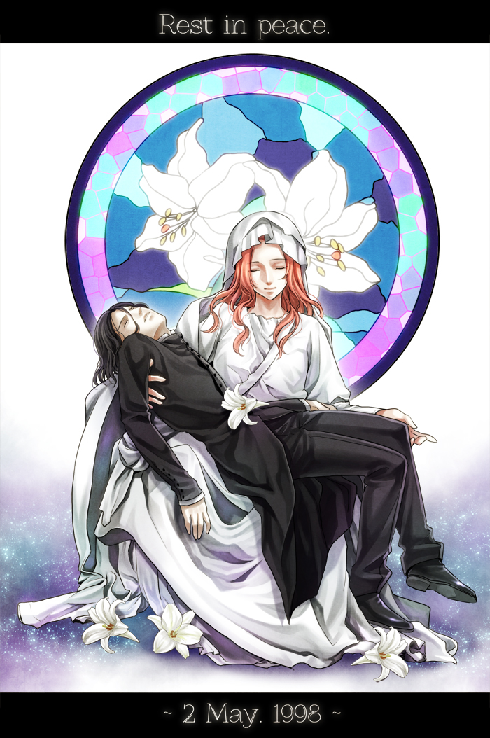 1girl black_hair dated fine_art_parody flower harry_potter holiday-jin lily_(flower) lily_evans namesake parody pieta red_hair severus_snape stained_glass