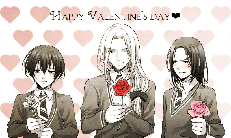 flower harry_potter holiday-jin long_hair lucius_malfoy male_focus multiple_boys pink_flower pink_rose red_flower red_rose regulus_arcturus_black rose severus_snape sweater valentine white_flower white_rose younger