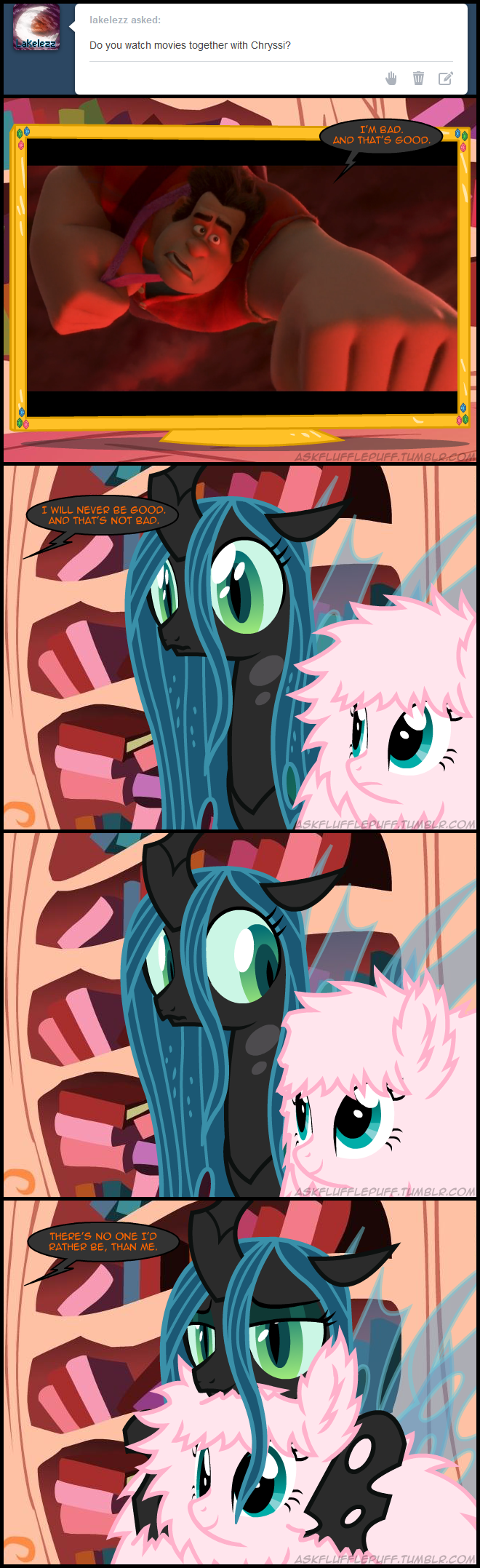 blue_eyes brown_eyes brown_hair changeling cuddling equine female feral fluffle_puff fluffy friendship_is_magic green_eyes green_hair hair happy horn horse human male mammal mixermike622 movie my_little_pony pink_hair pony queen_chrysalis_(mlp) ralph_(wreck-it_ralph) smile tattered_wings wings wreck-it_ralph