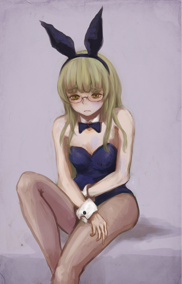 animal_ears blonde_hair bow bowtie bunny_ears bunnysuit detached_collar eyebrows eyebrows_visible_through_hair fake_animal_ears frown glasses long_hair megrim_haruyo pantyhose perrine_h_clostermann sitting solo strike_witches world_witches_series wrist_cuffs yellow_eyes