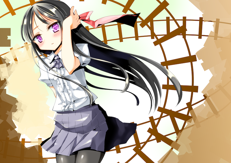 1girl 2011 6feather adjusting_hair black_hair black_legwear blouse blush character_request female long_hair looking_at_viewer open_mouth pantyhose pleated_skirt puffy_sleeves purple_eyes skirt solo source_request standing straight_hair