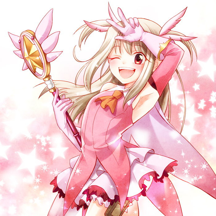 ;d armpits elbow_gloves fate/kaleid_liner_prisma_illya fate_(series) feathers gloves hair_feathers holding holding_wand holiday-jin illyasviel_von_einzbern kaleidostick long_hair magical_girl one_eye_closed open_mouth prisma_illya red_eyes smile solo thighhighs two_side_up v wand white_hair