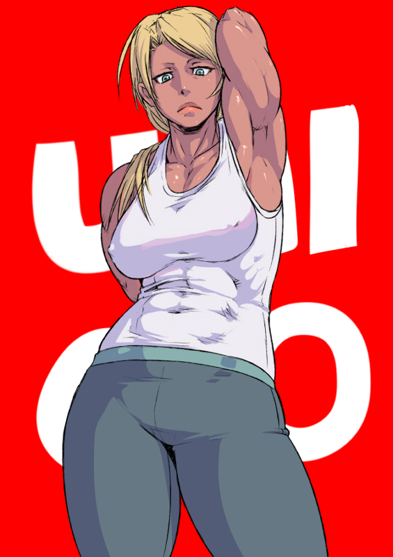abs armpits blonde_hair blue_eyes breasts copyright_request covered_nipples dark_skin large_breasts lips mikoyan muscle muscular_female shirt sleeveless sleeveless_shirt solo