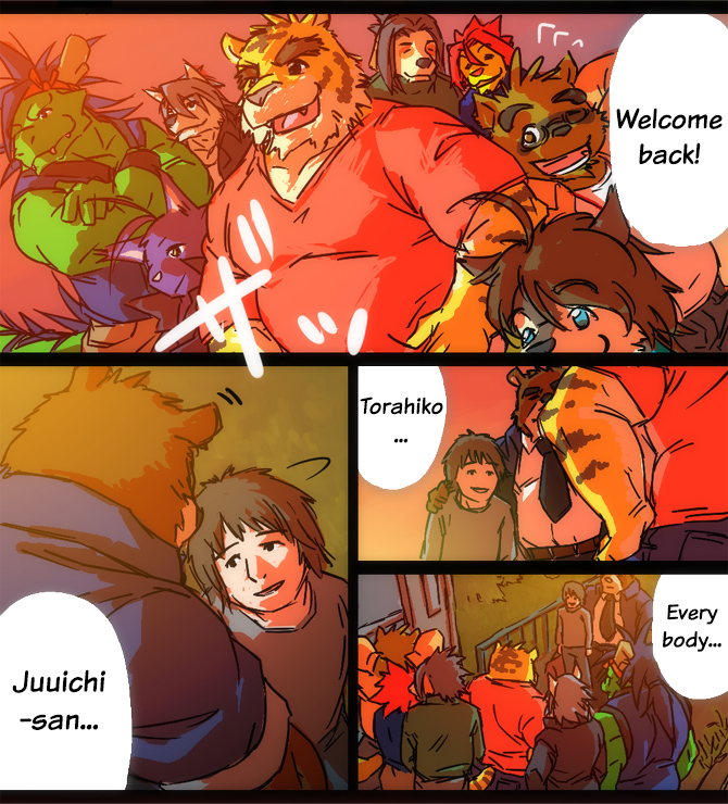 bear canine chubby clothing coat comic dialog dog dragon embrace english_text feline fur green_dragon grizzly_bear hiroyuki hiroyuki_nishimura human husky japanese_text juuichi_mikazuki kounosuke kouya_aotsuki kyouji male mammal morenatsu outside ratenu scalie shin_kuroi shun soutaro tanuki tatsuki text tiger torahiko_ooshima wolf