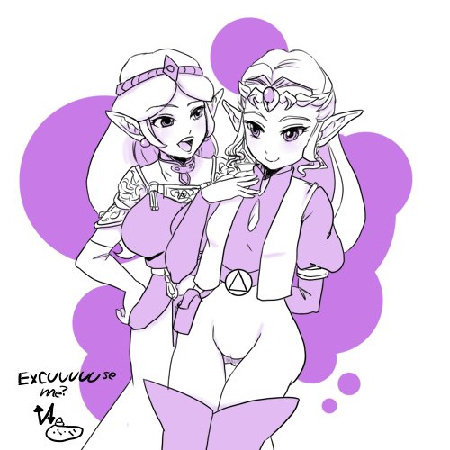 belt boots chichi_band cosplay costume_switch dress earrings instrument jewelry jpeg_artifacts long_hair lowres multiple_girls ocarina pointy_ears princess_zelda purple smile the_legend_of_zelda the_legend_of_zelda:_ocarina_of_time the_legend_of_zelda_(cartoon) thigh_boots thigh_gap thighhighs tiara