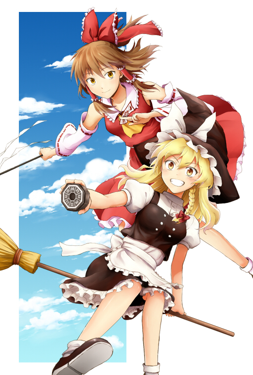 apron ascot bad_id bad_pixiv_id bare_shoulders blonde_hair blue_sky bow braid broom broom_riding brown_eyes brown_hair cloud day detached_sleeves flying gohei grin hair_bow hair_ribbon hair_tubes hakurei_reimu hat kirisame_marisa long_sleeves looking_at_viewer mini-hakkero multiple_girls outstretched_arm outstretched_hand puffy_sleeves ribbon shirt short_sleeves single_braid skirt skirt_set sky smile spell_card touhou vest waist_apron wide_sleeves witch witch_hat yatsuhashi_kyouto yellow_eyes