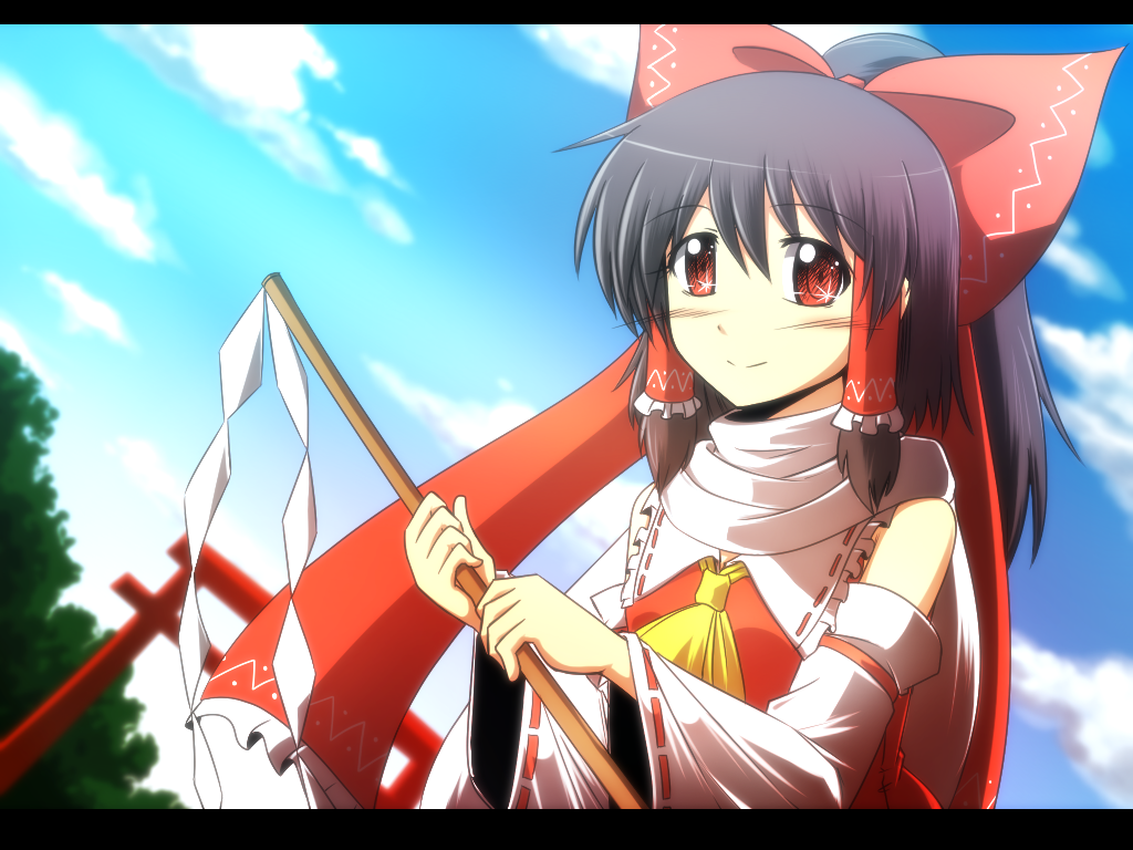 ascot bare_shoulders black_hair blue_sky bow day detached_sleeves gohei hair_bow hair_tubes hakurei_reimu letterboxed looking_at_viewer red_eyes scarf sidelocks sky solo sora_no_amagumo torii touhou