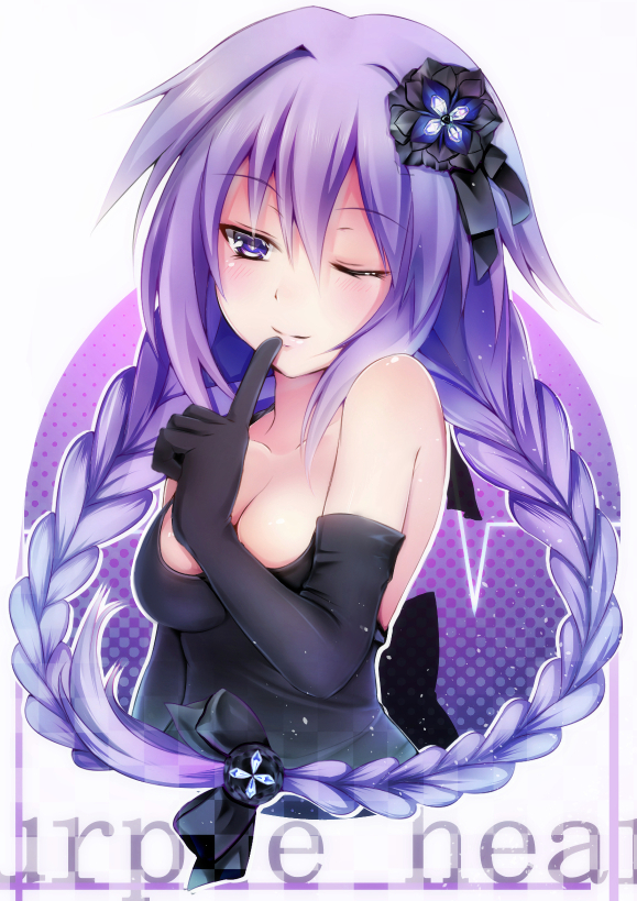 braid breasts cleavage elbow_gloves finger_to_mouth gloves hair_ornament long_hair md5_mismatch medium_breasts neptune_(series) one_eye_closed purple_eyes purple_hair purple_heart solo suishin_tenra twin_braids