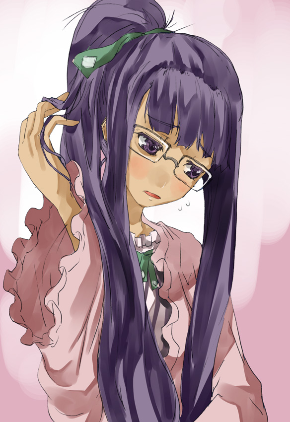 alternate_hairstyle bespectacled glasses hair_ribbon long_hair no_hat no_headwear open_mouth patchouli_knowledge ponytail purple_eyes purple_hair ribbon solo touhou upper_body very_long_hair yohane
