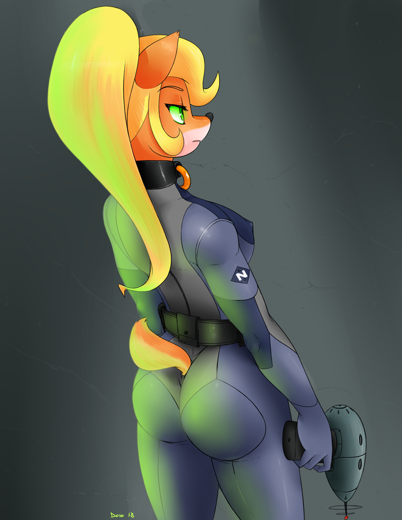 back_turned blonde_hair bodysuit breasts butt canine coco_bandicoot crash_bandicoot_(series) devo87 dog female green_eyes hair mammal skinsuit solo standing suit tail_clothing video_games weapon