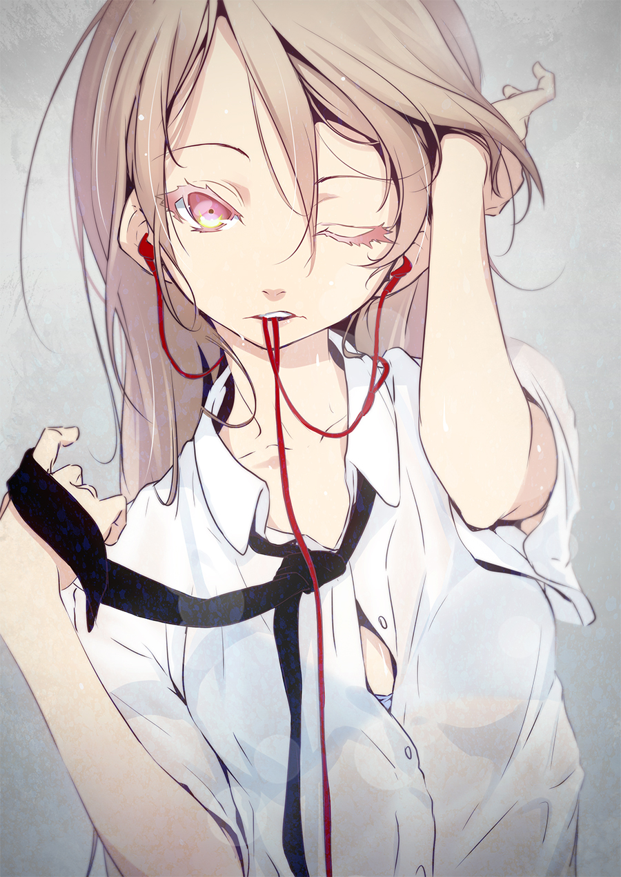bra breasts brown_hair dress_shirt earphones hair_tucking hand_in_hair highres long_hair mouth_hold necktie nilitsu one_eye_closed original pink_eyes see-through shirt small_breasts solo underwear wet wet_clothes wet_shirt