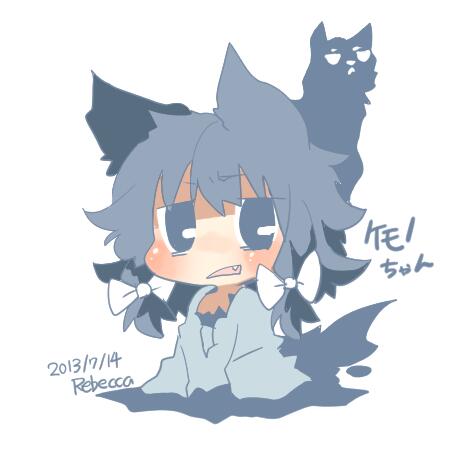 animal_ears artist_name bad_id bad_twitter_id blue_eyes blue_hair blush character_name commentary_request dated fang kemono-chan_(rebecca) lowres open_mouth original rebecca_(keinelove) ribbon shadow short_hair tail