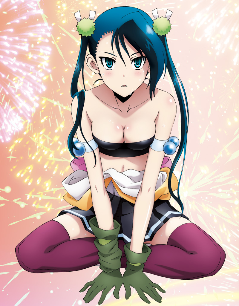 aqua_eyes arm_support armband artist_request bandeau bare_shoulders blue_hair blush breasts gloves hair_ornament hibachi_(mushibugyou) indian_style japanese_clothes long_hair medium_breasts mushibugyou official_art open_mouth purple_legwear sitting skirt solo strapless sweat thighhighs tsurime twintails