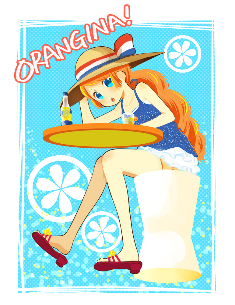 blue_eyes bottle legs long_hair mochizuki_mina orange_hair orangina ribbon sandals shorts sitting solo