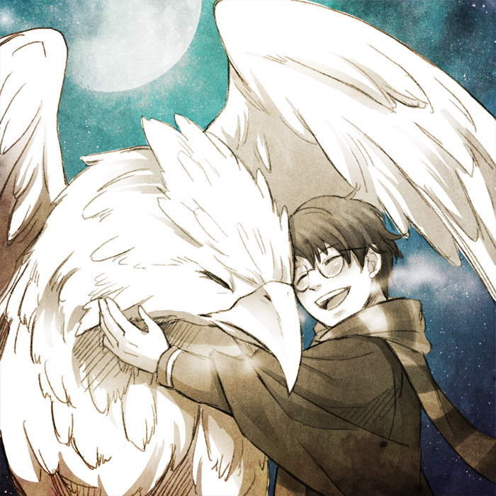 ^_^ bangs black_hair blush breath buckbeak cloak closed_eyes full_moon glasses happy harry_james_potter harry_potter head_tilt head_to_head hippogriff holiday-jin hug light_particles long_sleeves moon night open_mouth outstretched_arm partially_colored scarf striped striped_scarf upper_body
