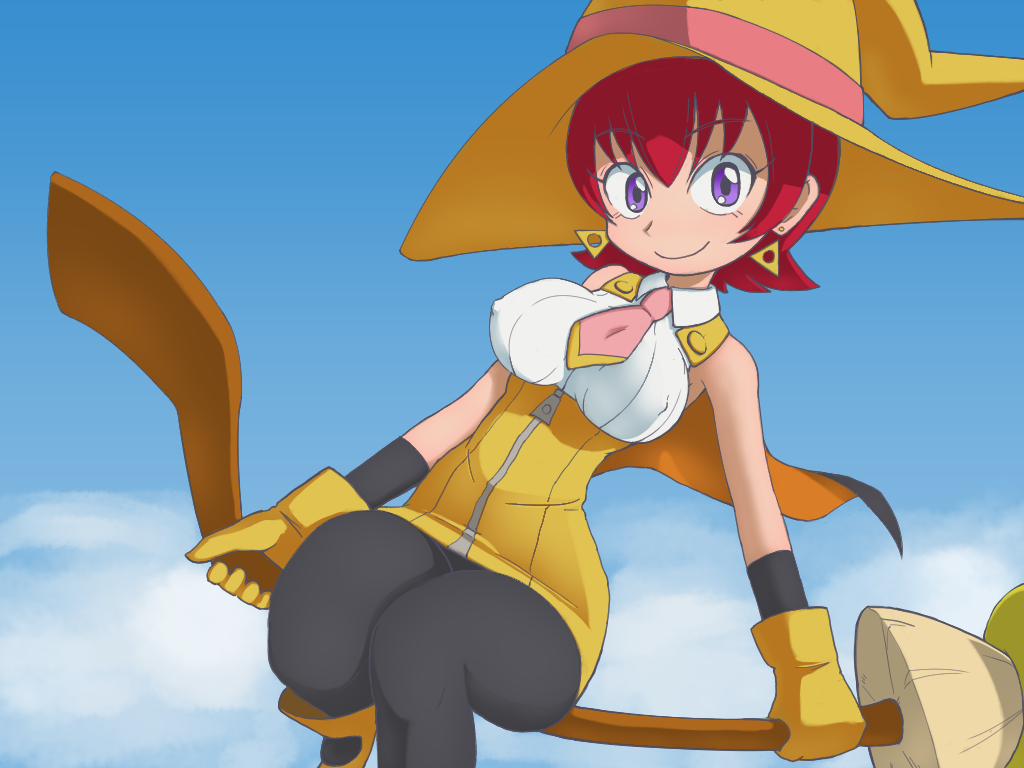 bare_shoulders black_legwear blue_sky breasts broom broom_riding commentary_request covered_nipples day detached_sleeves dress earrings feylin gloves hat jewelry medium_breasts pantyhose purple_eyes red_hair short_dress short_hair sky smile solo tanken_driland usg_ishimura witch_hat zipper