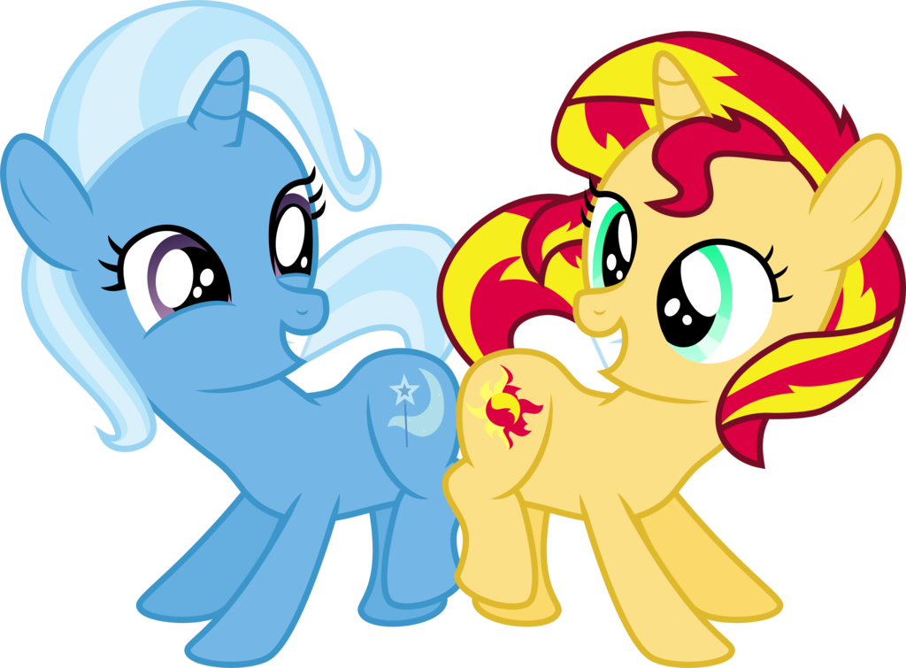 2013 bigger_version_at_the_source blue_fur bump cutie_mark dcencia equestria_girls equine female feral friendship_is_magic green_eyes horn horse my_little_pony pony purple_eyes smile sunset_shimmer_(eg) trixie_(mlp) two_tone_hair unicorn yellow_fur young
