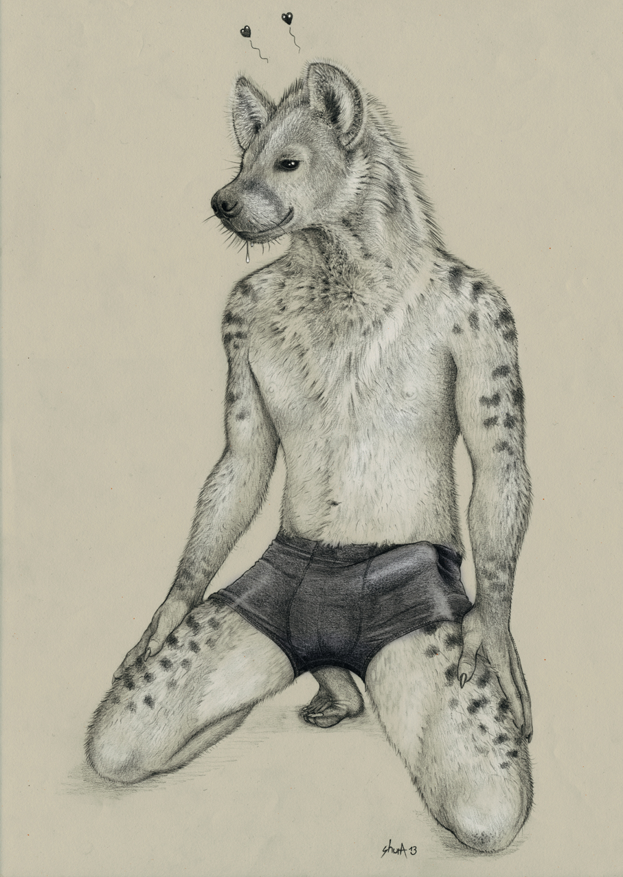 &lt;3 aruhs bulge claws erection hyena kneeling male mammal navel nipples penis saliva solo spotted_hyena topless