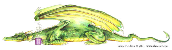 alane_fieldson belly_scales coffee countershade_tail cup dragon eyes_closed feral frills full-length_portrait green_scales holding hot_drink long_tail membranous_wings on_stomach scalie sleeping snout spade_tail spine_ridge tired traditional_media watercolor_(art) western_dragon wing_claws wings yellow_countershading yellow_horns yellow_membrane