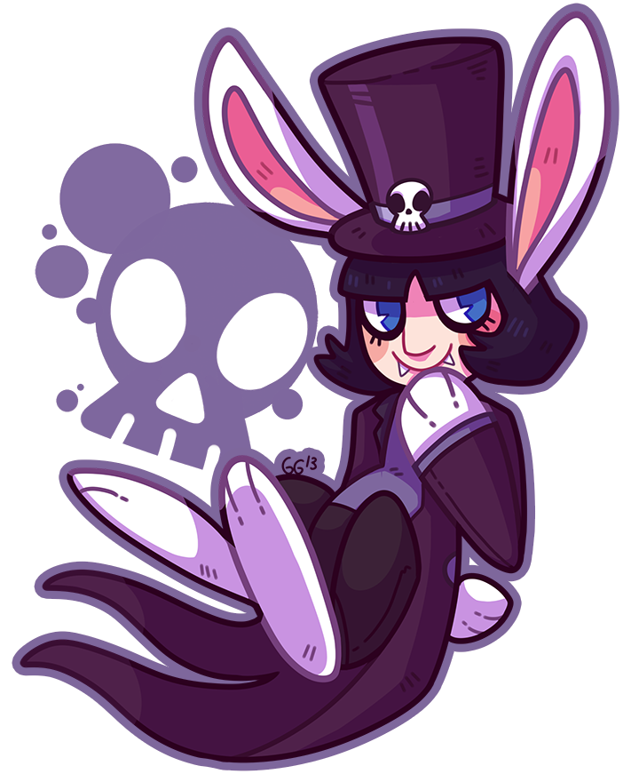 3_toes alpha_channel black_hair blue_eyes clothed clothing fangs fluffy_tail fur goth hair hat human hybrid lagomorph long_ears long_hair makeup male mammal paws plain_background quiixotical rabbit skull smile solo top_hat transparent_background white_fur young