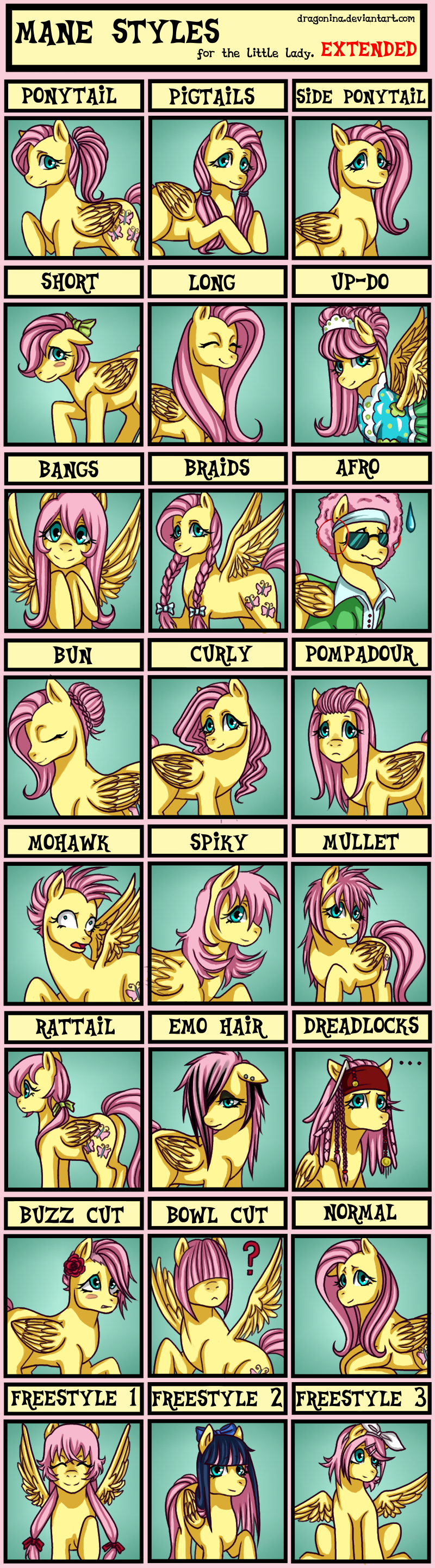 alternate_hairstyle bangs bottomless bow bowl_cut braids bun_hairstyle buzz_cut chart chart_meme clothing curly_hair cutie_mark dragonina dreadlocks dress emo_hairstyle equine eyes_closed eyewear female feral fluttershy_(mlp) friendship_is_magic green_eyes hair horse long_hair mammal meme mirai_nikki mohawk mullet my_little_pony navel panty_and_stocking_with_garterbelt parody pegasus pigtails pink_hair pirates_of_the_caribbean pompadour pony ponytail rattail rose_(flower) shirt short_hair side_ponytail smile solo spiky_hair sunglasses up-do vocaloid wings