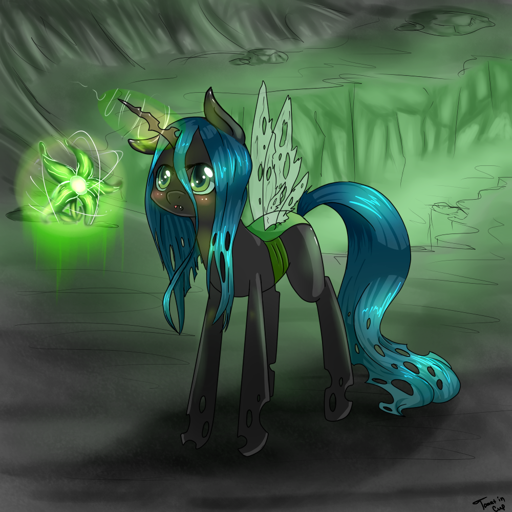 black_body blue_hair blush changeling detailed_background fangs female feral flower friendship_is_magic glowing green_eyes hair horn magic my_little_pony queen_chrysalis_(mlp) solo tomat-in-cup wings