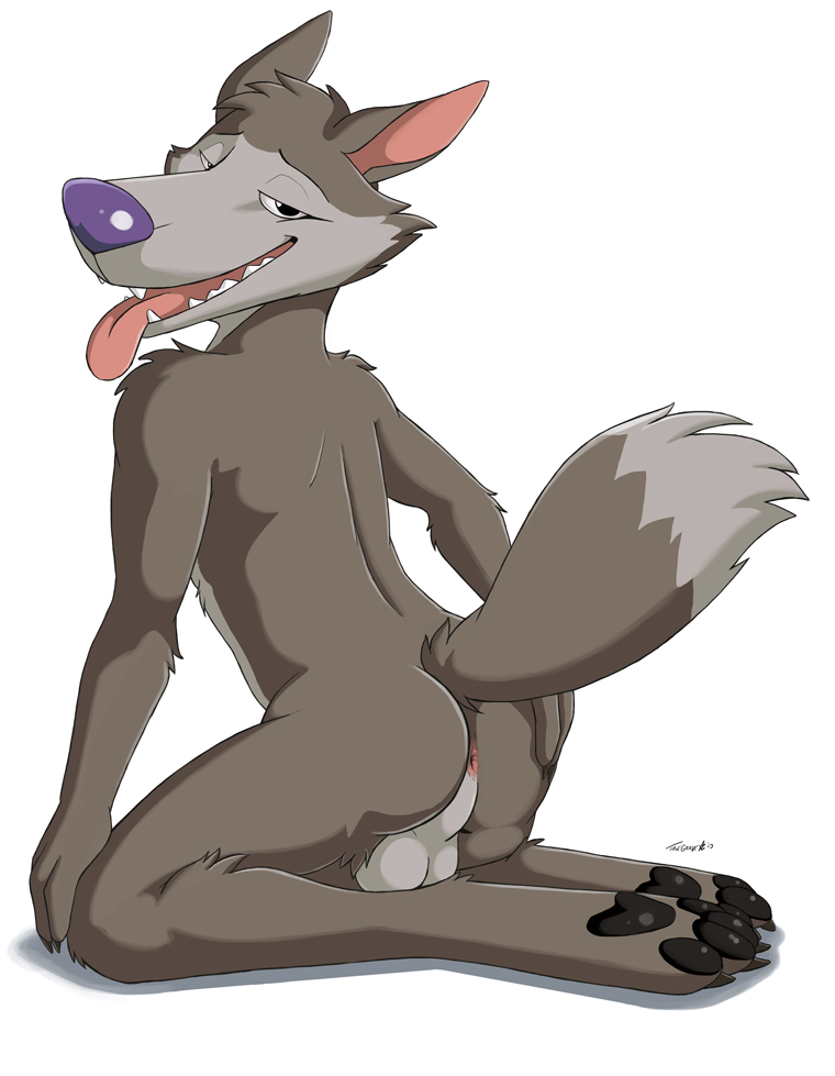 anthro anus balls butt canine chip_the_wolf claws cookie_crisp looking_at_viewer looking_back male mammal mascot naughty_face nude plain_background pose presenting presenting_hindquarters purple_nose solo tongue tongue_out truegrave9 white_background wolf