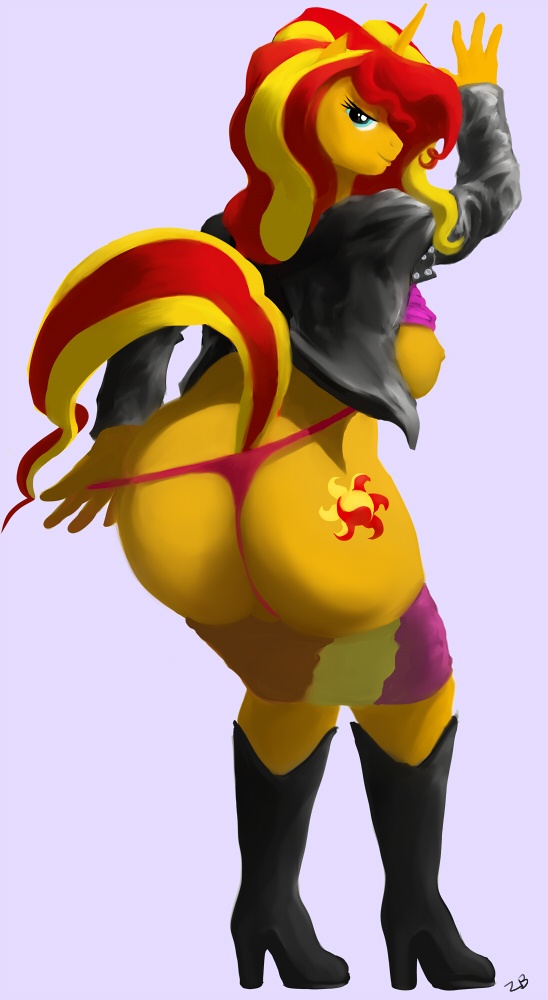 anthro anthrofied big_butt blonde_hair blue_eyes boots breasts butt cutie_mark equestria_girls equine female hair heels high_heels horn jacket knee_boots leather_jacket looking_at_viewer looking_back mammal my_little_pony nipples panties presenting red_hair seductive side_boob solo standing sunset_shimmer_(eg) thong two_tone_hair underwear unicorn zoomboomerz zoomerboomerz