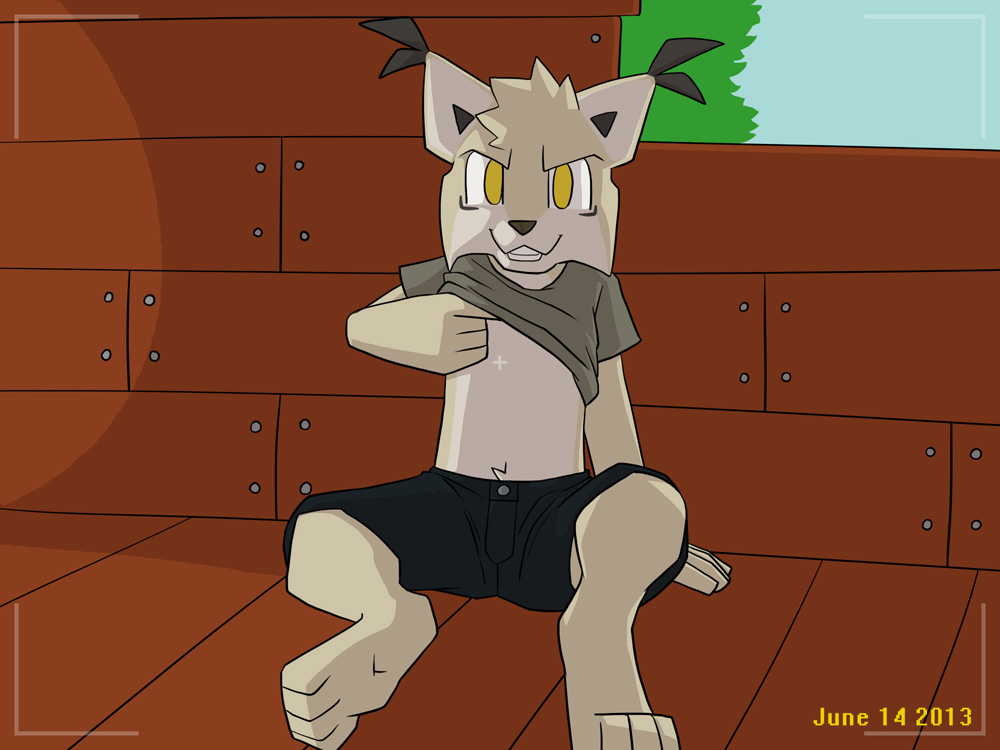 clothing cub feline flat_chested hindpaw lynx male mammal paws samkin shorts sitting tom tom_(samkin) yellow_eyes young