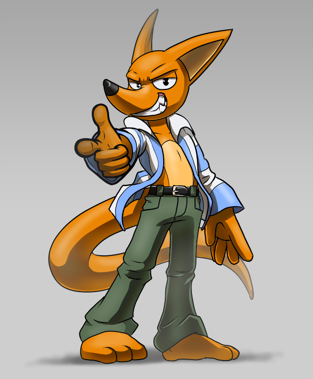anthro barefoot belt cartoon clothing grin jacket looking_at_viewer male mammal mustelid pants pointing_at_viewer smile solo teckworks weasel