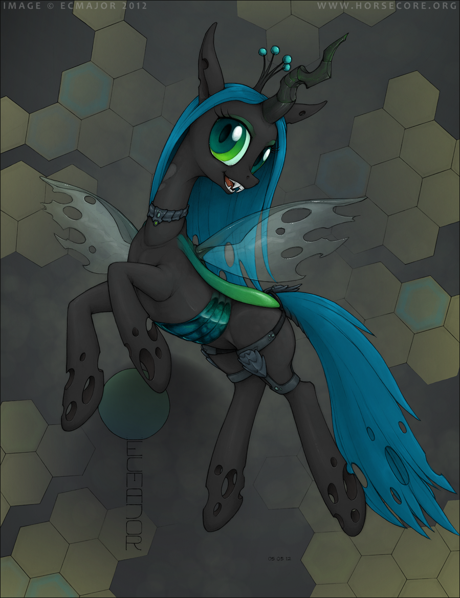 abstract_background antennae black_body blue_hair changeling ecmajor equine fangs female feral friendship_is_magic green_eyes hair horn jewelry looking_at_viewer mammal my_little_pony open_mouth queen_chrysalis_(mlp) slit_pupils smile solo tongue wings