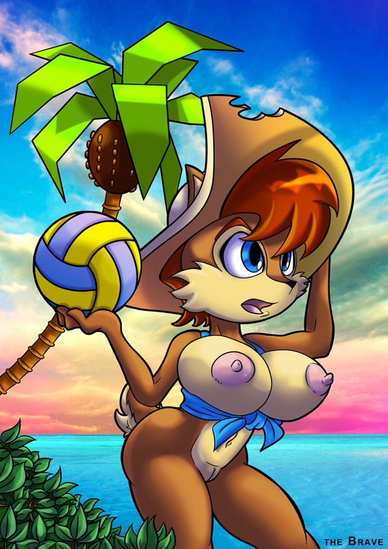 ball beach big_breasts blue_eyes breasts chipmunk erect_nipples female hat mammal navel nipples nude open_mouth pussy rodent sally_acorn seaside sega solo sonic_(series) thebrave tree volleyball water