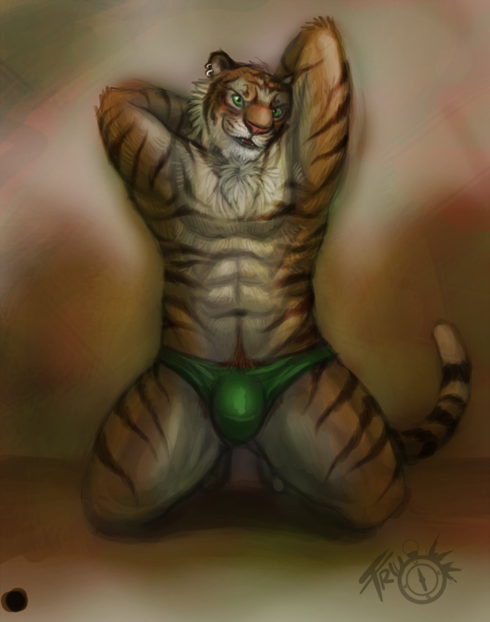 abs anthro armpits arms_behind_head bulge chest_tuft ear_piercing feline front fur green_eyes kneeling male mammal muscles navel panties pecs piercing pose pubes solo stripes tiger topless trunorth tuft underwear