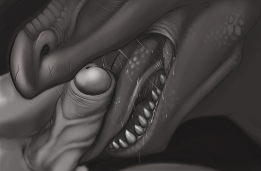 anthro close-up dragon duo erection fellatio greyscale human human_on_anthro humanoid_penis interspecies licking male mammal monochrome oral oral_sex penis saliva saliva_string scalie sex tojo_the_thief tongue uncut