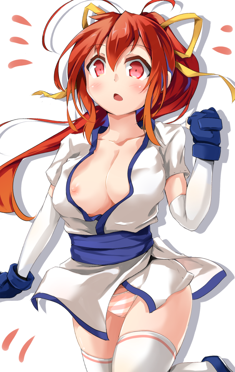 1girl ahoge another_kung_fu_girl areola_slip areolae blue_footwear blue_gloves blush breasts cleavage clenched_hands collarbone commentary_request dai_fuku dougi eyebrows_visible_through_hair fingerless_gloves gloves hair_ribbon hand_up high_ponytail highres karate_gi large_breasts long_hair m.u.g.e.n nipples no_bra open_mouth panties pantyshot pantyshot_(standing) ponytail red_eyes red_hair ribbon sash shoes simple_background solo standing striped striped_panties thighhighs underwear very_long_hair white_legwear white_panties wind wind_lift yellow_ribbon