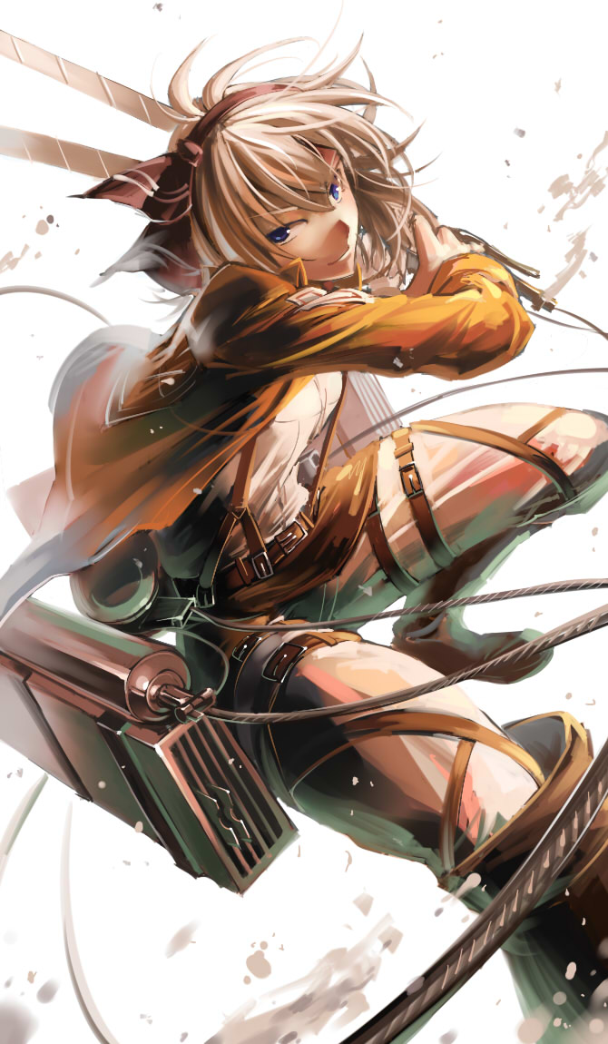 backlighting bag belt blue_eyes boots cosplay emblem hair_ribbon jacket katana knee_boots konpaku_youmu leg_ribbon long_sleeves looking_at_viewer open_clothes open_jacket pants pants_under_skirt paradis_military_uniform parody ribbon rope ruukii_drift shingeki_no_kyojin shirt shoulder_bag silver_hair skirt smile solo sword three-dimensional_maneuver_gear touhou weapon