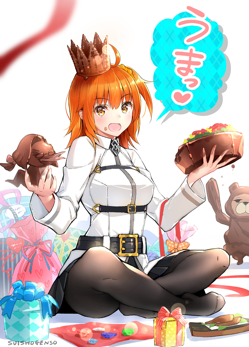 1girl :d ahoge animal bangs bear belt belt_buckle black_belt black_legwear black_skirt blush box breasts buckle chaldea_uniform chocolate chocolate_on_face commentary_request crown eyebrows_visible_through_hair fate/grand_order fate_(series) food food_on_face fujimaru_ritsuka_(female) gift gift_box hair_between_eyes hair_ornament hair_scrunchie highres holding holding_food jacket legs_crossed long_sleeves medium_breasts mini_crown no_shoes one_side_up open_mouth orange_eyes orange_hair orange_scrunchie orion_(fate/grand_order) pantyhose plaid pleated_skirt red_ribbon ribbon scrunchie sitting skirt smile solo_focus suishougensou tilted_headwear translation_request uniform valentine white_jacket