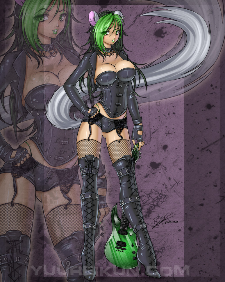 2012 breasts collar emerald_(yuureikun) female green_eyes green_hair guitar hair heals heels two_tone_hair yuureikun