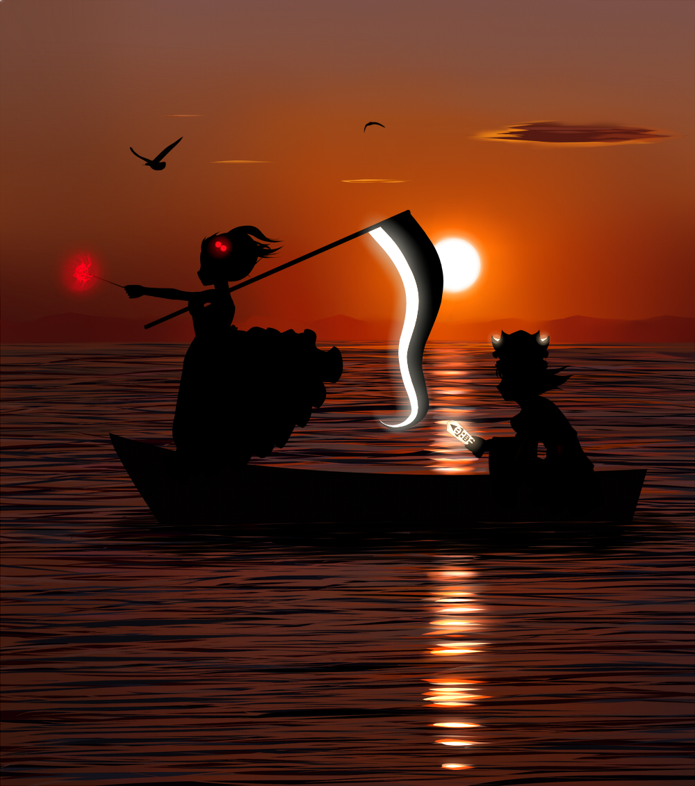 bird boat cloud flower gin_fuaru glowing hair_bobbles hair_ornament hat long_hair mountain multiple_girls ocean onozuka_komachi orange_sky outstretched_arm rod_of_remorse scythe shiki_eiki short_sleeves silhouette sitting sky spider_lily standing sun sunset touhou twilight two_side_up water watercraft