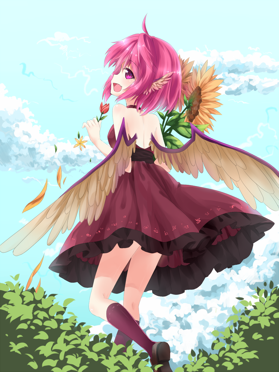 animal_ears back bad_id bad_pixiv_id bare_shoulders choker cloud day dress feathered_wings flower flying highres looking_back mystia_lorelei no_hat no_headwear open_mouth petals pink_eyes pink_hair short_hair sky smile solo sunflower touhou transistor tulip wings