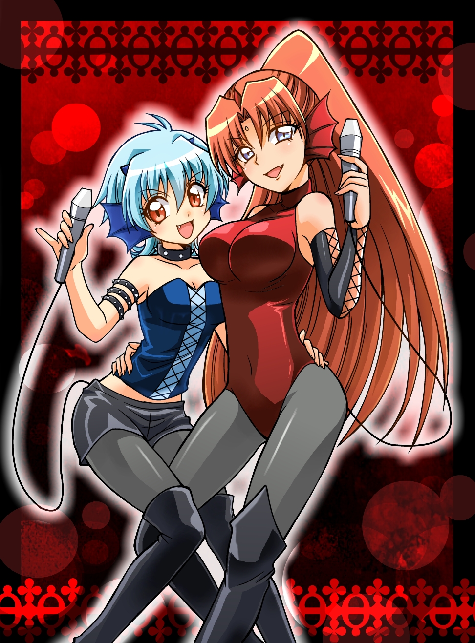 black_beauty_sisters blue_eyes blue_hair boots fang head_fins highres horns leotard mermaid_melody_pichi_pichi_pitch microphone mimi_(mermaid_melody_pichi_pichi_pitch) multiple_girls nanjou_akimasa pantyhose ponytail red_eyes red_hair red_leotard sheshe short_hair shorts siblings sisters tail thigh_boots thighhighs